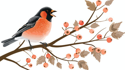 Cute bird on winter berry branch singing song. Little