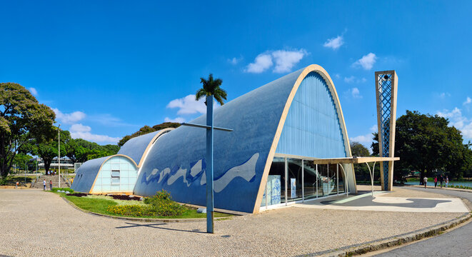 Belo Horizonte, Minas Gerais, Brazil - 16 May 2024: St Francisco de Assis Church, Touristic Attraction, Part of the Pampulha Modern Ensemble (Lagoa da Pampulha)