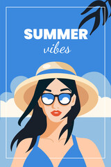 Beautiful woman wearing sunglasses relaxing on tropical beach. Summer holidays, travel, vacation retro minimal poster. Vector illustration.