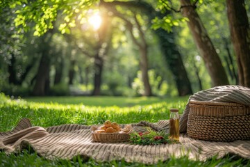 outdoor picnic setting, enjoy a relaxing picnic getaway on a picnic blanket spread out on the green grass under the warm summer sun