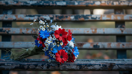 Memorial Day flower bouquet on a wooden bench