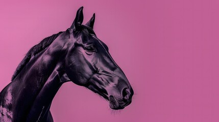 Beautiful Black and White Horse on Pink Background