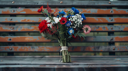 Memorial Day flower bouquet on a wooden bench