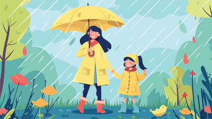Cute mother and daughter dressed in raincoat standing