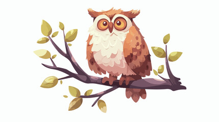 Cute owl sitting on tree branch. Funny wild feathered
