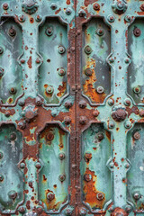 A close-up of a weathered metal gate, with rust and patina adding texture and character. 