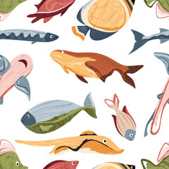 Beautiful sea fish, sea world. Seamless pattern for prints. Vector illustration in flat modern style.