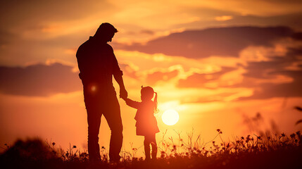 A father-daughter silhouette spending time together meadow in the evening. Father's Day