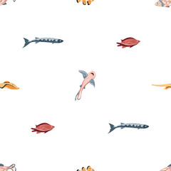 Beautiful sea fish, sea world. Seamless pattern for prints. Vector illustration in flat modern style.