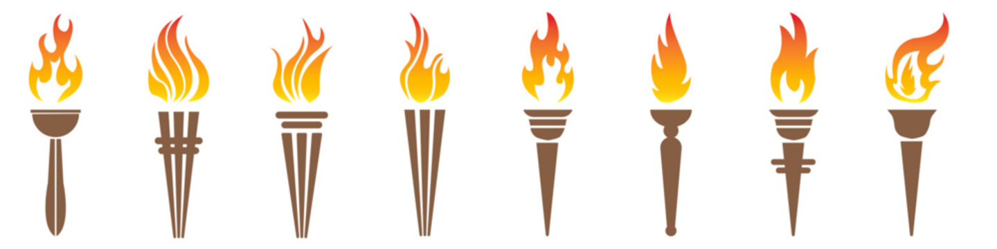Fire torch icon set vector. Flame symbol with holding stick. Victory, success or achievement sign.