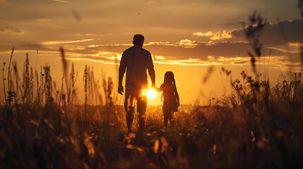 A father-daughter silhouette spending time together meadow in the evening. Father's Day