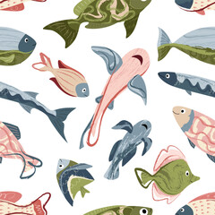 Beautiful sea fish, sea world. Seamless pattern for prints. Vector illustration in flat modern style.