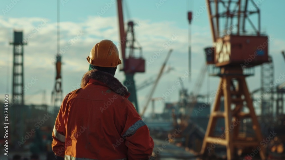 Poster engineer workers on background of construction cranes on background.