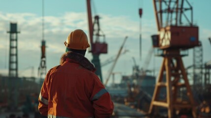Engineer workers on background of construction cranes on background.