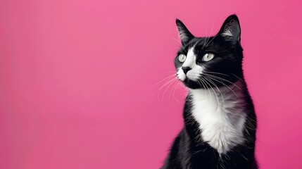 Black and White Cat on Pink Background: Simple and Beautiful Portrait - Powered by Adobe