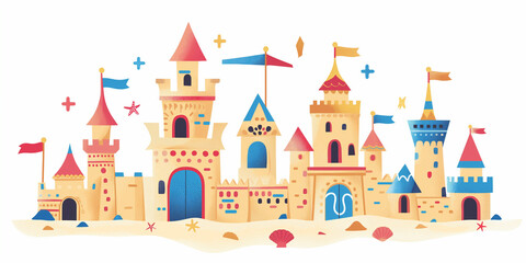 Colorful Sandcastle Illustration on Beach with Seashells and Starfish