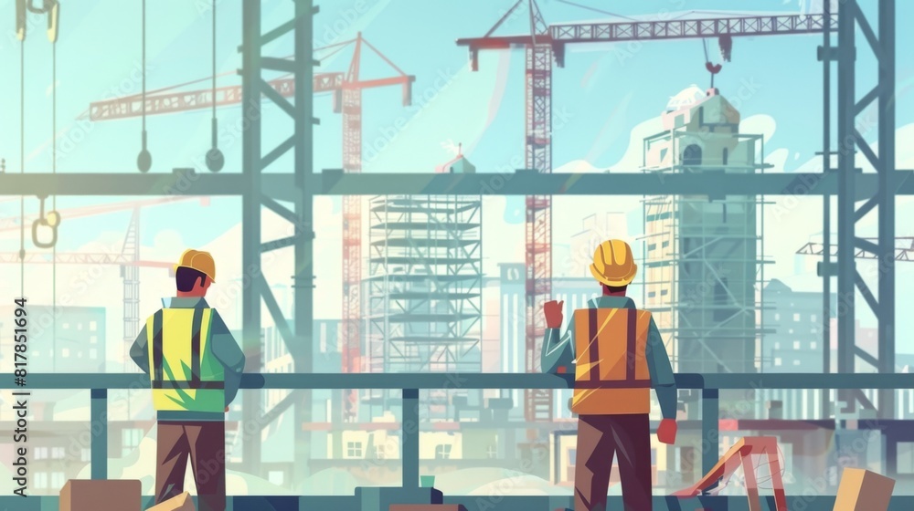Poster engineer workers on background of construction cranes on background.