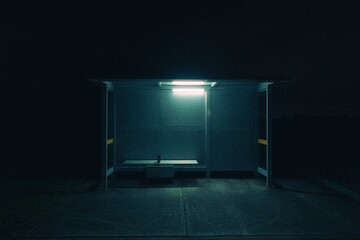 an empty bus stop at night with the light on in the background © Wirestock