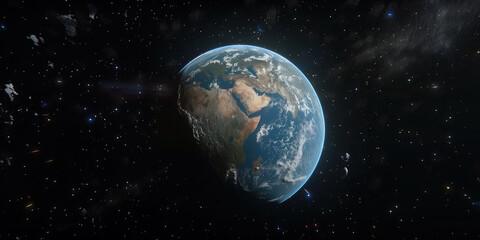Earths call to action. The Earth, surrounded by the vastness of space, shines brightly as a reminder of the urgent need for environmental protection and sustainable practices