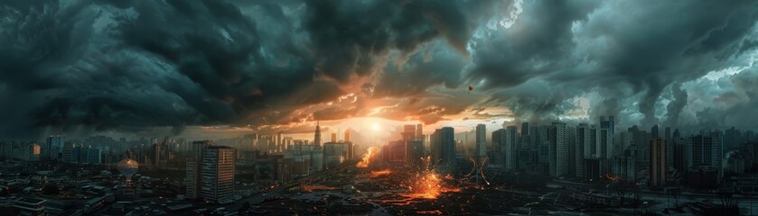 Capture a wide-angle view of a dystopian cityscape featuring minimalist buildings and structures from an unexpected angle, blending gritty realism with a touch of surrealism