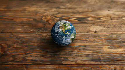 A small earth globe isolated on wooden table top view copy space