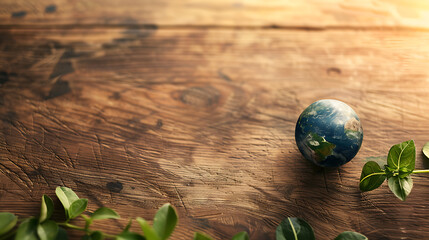 A small earth globe isolated on wooden table top view copy space