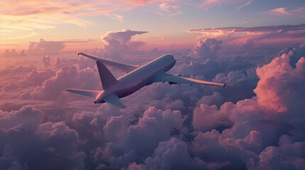 Evening flight of a passenger airplane on a background of beautiful sky