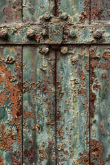 A close-up of a weathered metal gate, with rust and patina adding texture and character. 