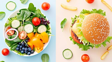 Healthy Food vs. Junk Food: Overhead Comparison of Fresh Salad and Cheeseburger with Fries - High Resolution