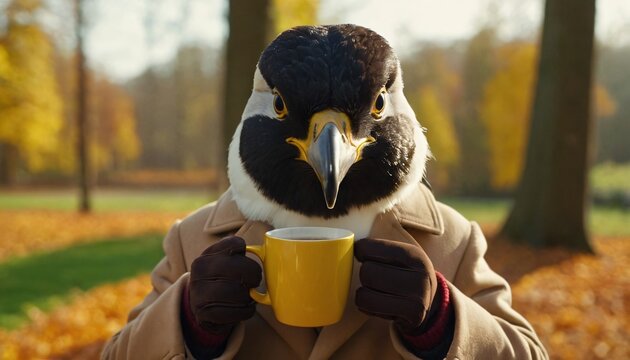 bird in a coat and gloves, drinking from a coffee cup outdoors in an autumn setting, cute and funny animal dressed in clothes