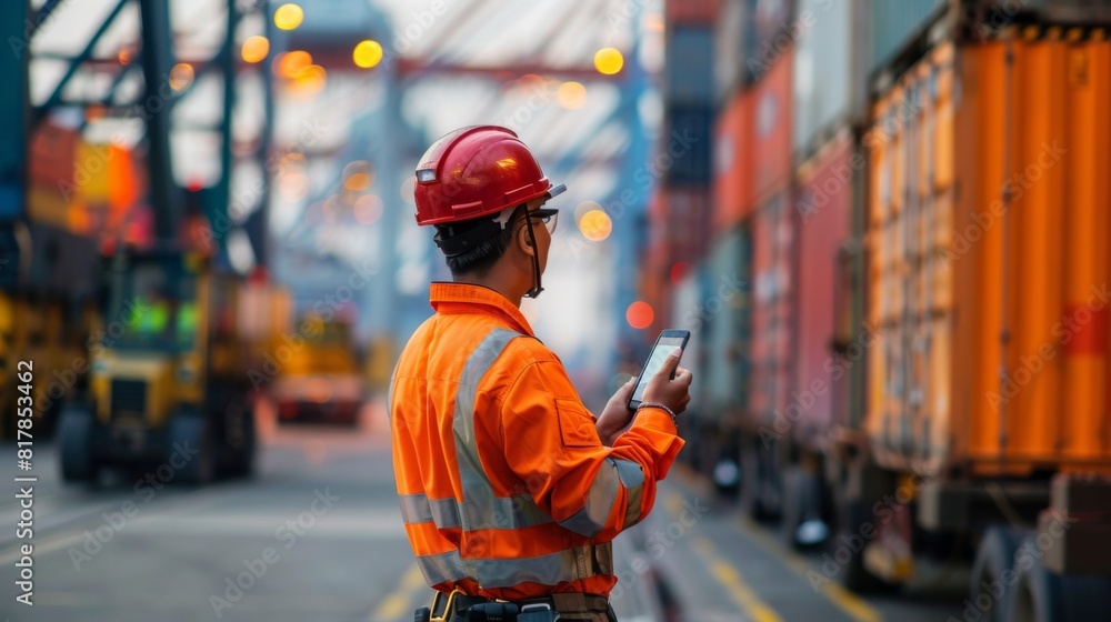 Aufkleber foreman wearing a safety suit is controlling the movement of goods in the container by using radio c