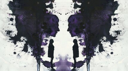 Ink Blot Romance: Rorschach ink blot technique, deep blacks and purples, mystery, allure, couple framed in center realistic