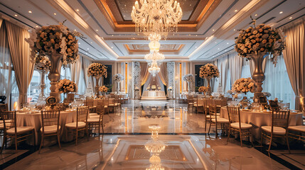 Fototapeta premium A beautifully decorated wedding room, adorned with elegant floral arrangements and soft lighting.