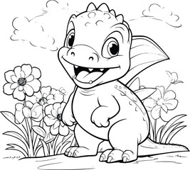 Dinosaur With A Flower Coloring Page For Kids