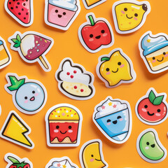 A collection of stickers featuring various cartoon fruits and desserts. The stickers are arranged in a pattern on a yellow background