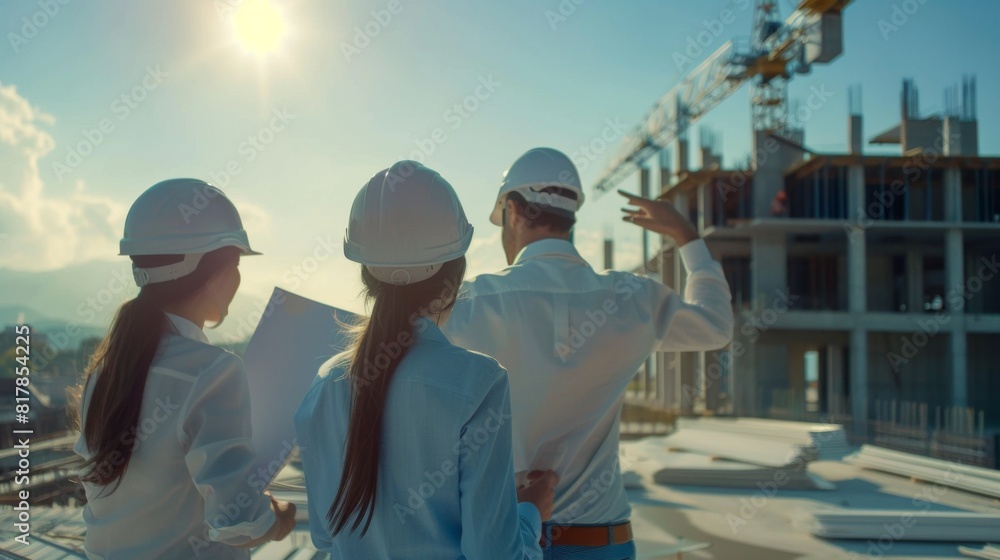 Poster Group of architects and engineers at a building site , Team of expert architects on construction site in helmets checking workflow