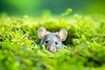 Close-up of a cute mouse peeking through vibrant green moss in a natural setting, creating a charming and playful wildlife scene.
