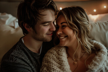 A couple is cuddling and smiling in bed. The man is wearing a gray shirt and the woman is wearing a white sweater