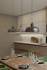 Modern wooden white kitchen in the interior