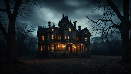 A spooky Halloween-themed manor with glowing orange windows, set against a dark and stormy sky. The eerie atmosphere and gothic architecture make it perfect for a haunted night. - Powered by Adobe