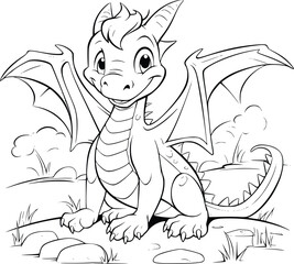 Dragon Is Sitting On The Grass Coloring Pages Drawing For Kids