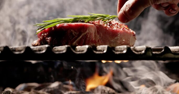 Close-up. Raw piece of aromatic meat simmers on grill spices and sprig of rosemary will give steak piquant taste. Each grilled dish is more tempting than previous one mouthwatering experience. 