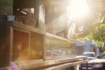 Sunlit view of a food truck with kitchen equipment visible and sunlight creating a warm glow.