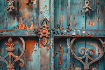 A close-up of a weathered metal gate, with rust and patina adding texture and character. 