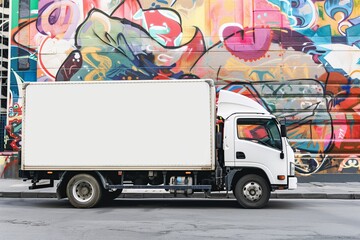 Fototapeta premium A white delivery truck parked in front of a colorful graffiti-covered wall, providing a blank canvas for potential advertising or branding.