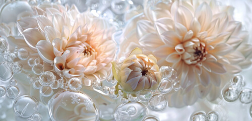 Cream dahlia flowers in water form a subtle, elegant abstract backdrop.