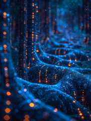 The image is a blue and orange forest with glowing trees. The blue and orange colors create a sense of depth and movement, as if the trees are glowing in the dark