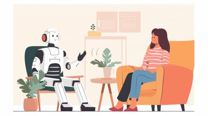 Humanoid Robot and Woman Having a Conversation in Cozy Living Room