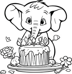 Elephant With Cake Of Birthday Coloring Page For Kids