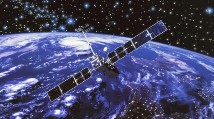 Satellite Orbiting Earth in Space with Starry Background